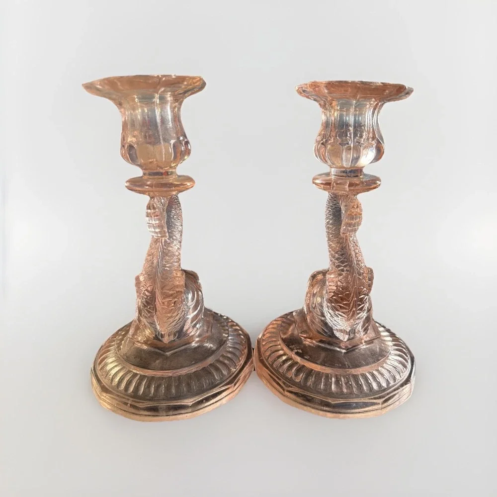 Vintage Pair Pink Glass‎ Candlesticks Koi Fish Design Collectible Rare